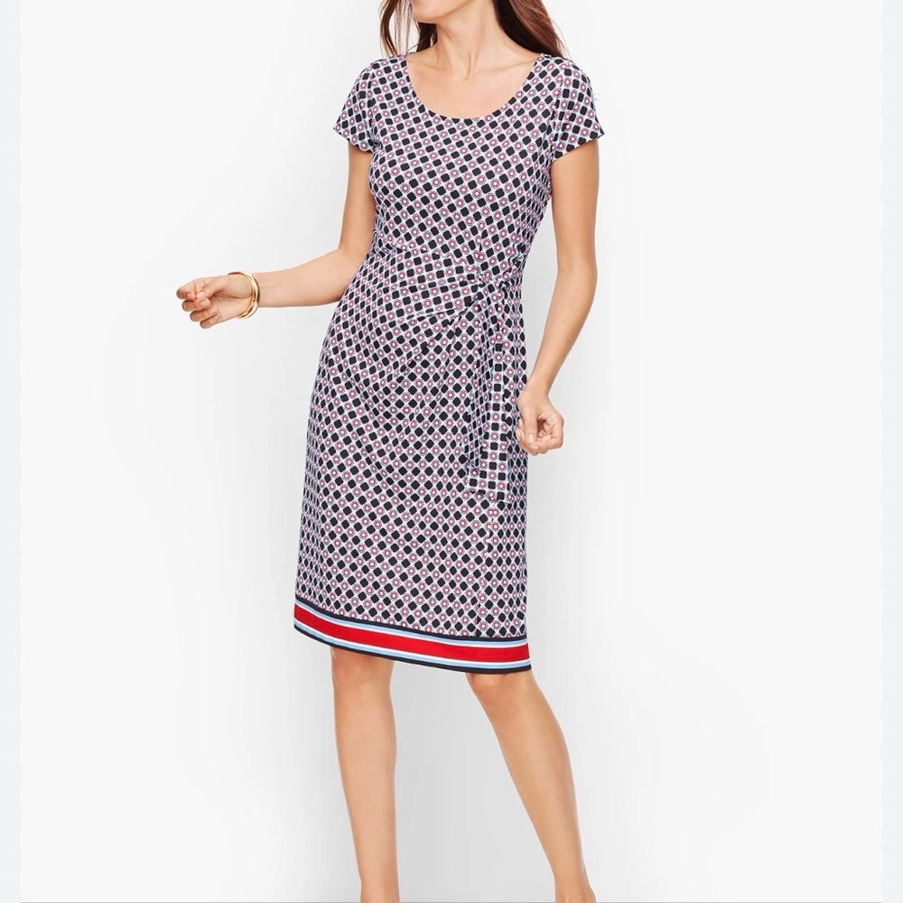 Talbots Navy, White & Pink Geometric Tie-Waist Ruched Jersey Sheath Dress